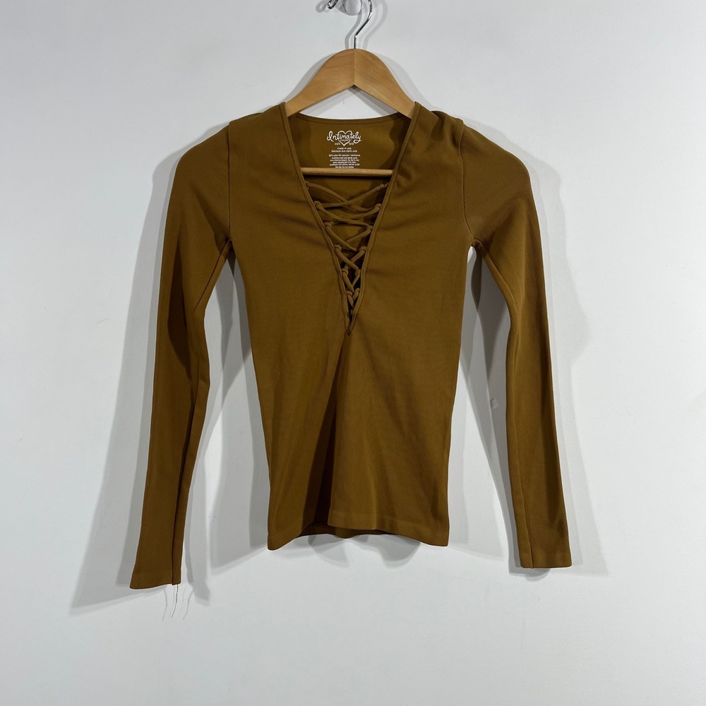 Intimately Free People Renfair Lace Up Granola Ribbed Long Sleeve Top Brown XS/S